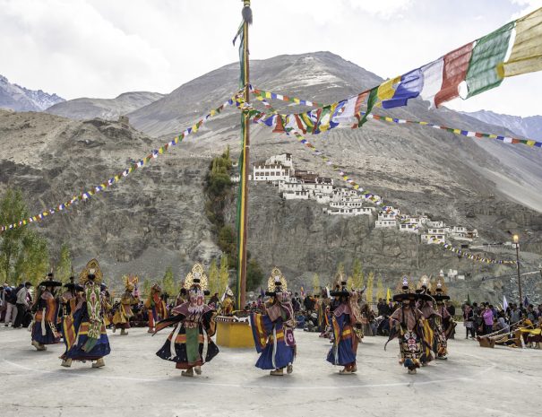 Diskit,Ladakh,India -October 14,2012:Traditional artists perform Cham dance(masked danc is some sects of Buddhists) during Diskit Festival at Diskit monastery in Diskit,Ladakh, India.